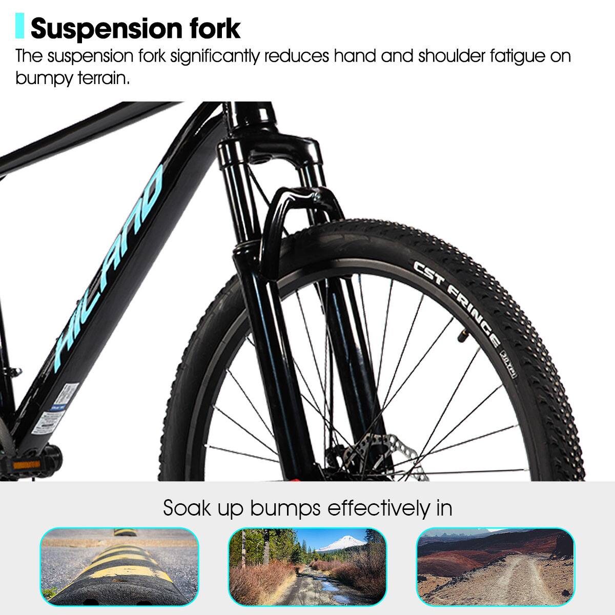 Suspension fork  
The suspension fork significantly reduces hand and shoulder fatigue on bumpy terrain.  

Soak up bumps effectively in