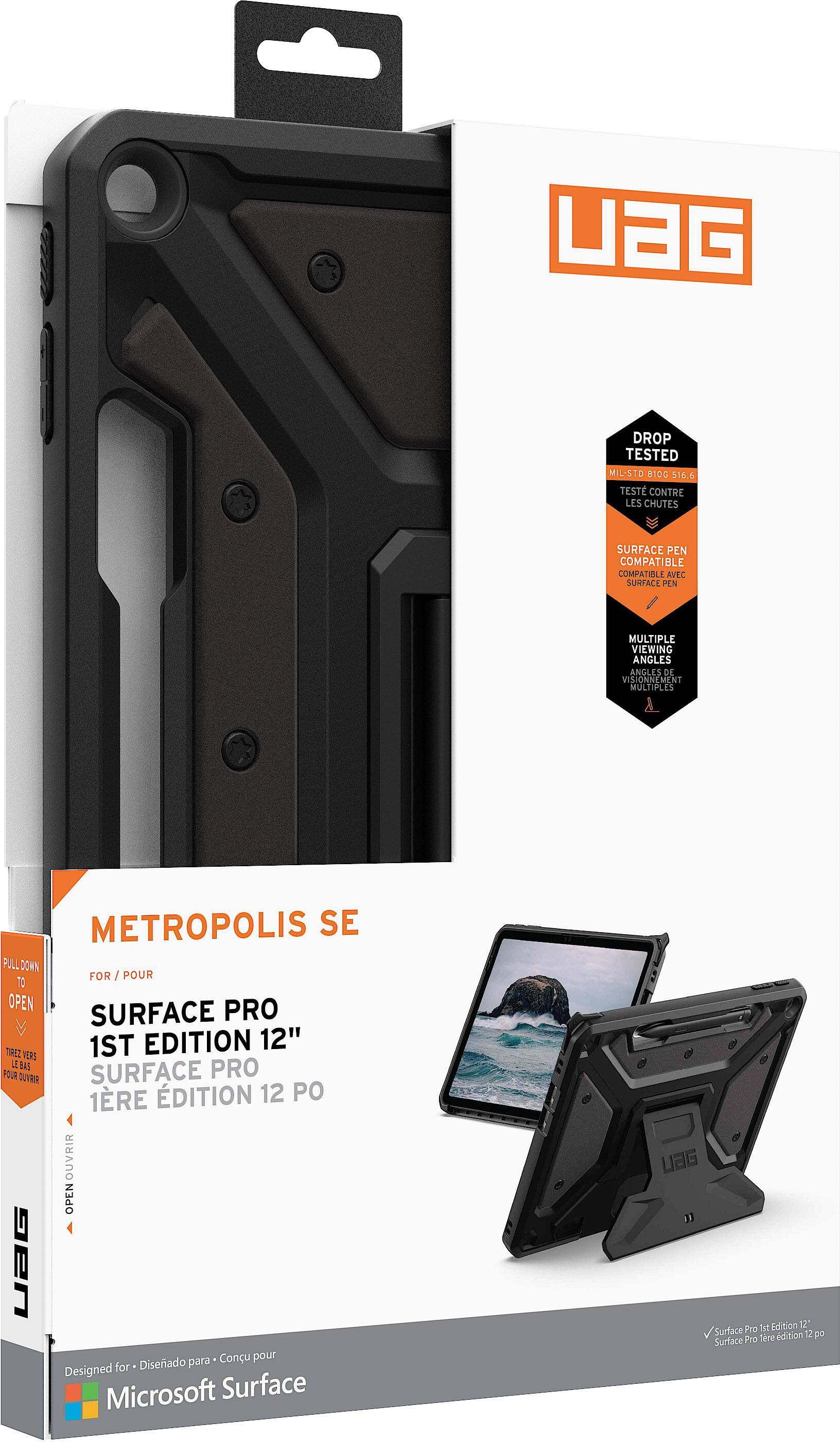 **UAG**

**DROP TESTED**  
**MIL-STD 010G 516.6**  
**TESTE CONTRE LES CHUTES**  
**SURFACE PEN COMPATIBLE**  
**COMPATIBLE AVEC SURFACE PEN**  
**MULTIPLE VIEWING ANGLES**  
**ANGLES DE POSITIONNEMENT MULTIPLES**  
**METROPOLIS SE**  
**FOR / POUR SURFACE PRO 1ST EDITION 12"**  
**1ÈRE ÉDITION 12 PO**  
**TIREZ VERS BAS POUR OUVRIR**  
**OPEN**  
**Designed for - Diseñado para - Conçu pour**  
**Microsoft Surface**