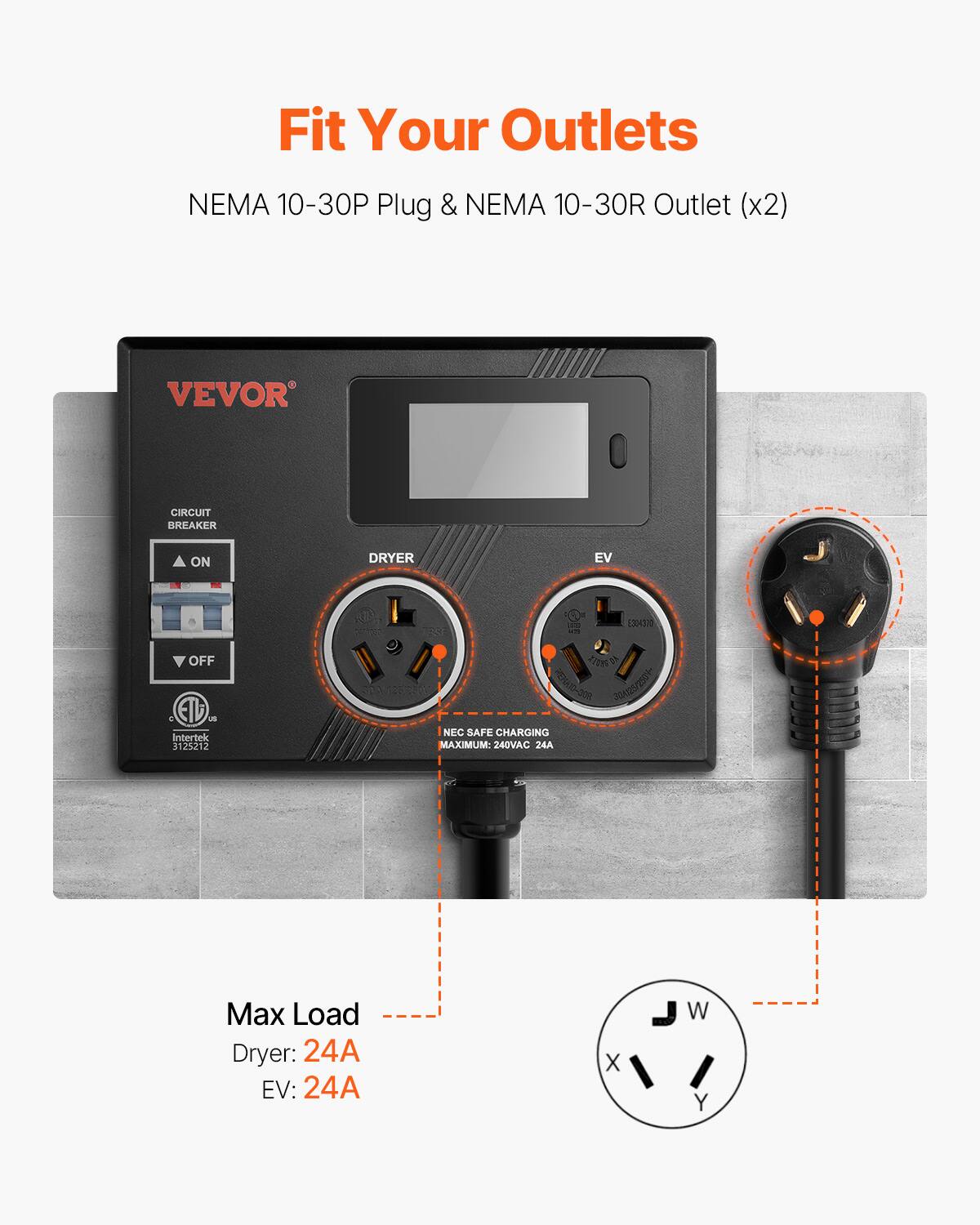 Fit Your Outlets

NEMA 10-30P Plug & NEMA 10-30R Outlet (x2)

VEVOR

CIRCUIT BREAKER
ON
OFF

DRYER
EV

NEC SAFE CHARGING
MAXIMUM: 240VAC 24A

Max Load
Dryer: 24A
EV: 24A

J W
X Y