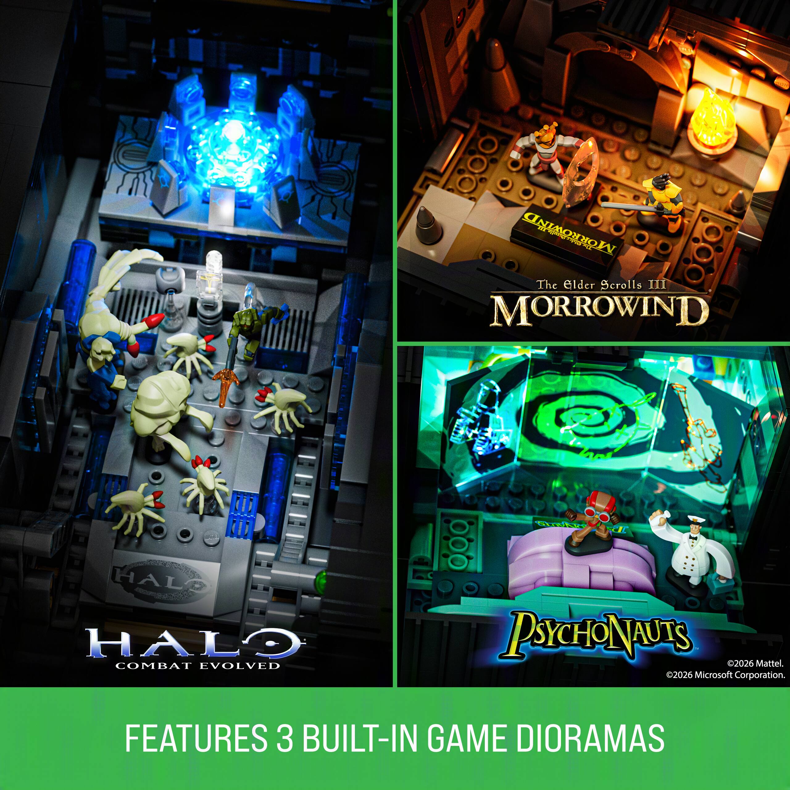 Morrowind WE FREE AL The Elder Scrolls III MORROWIND

SunvAry D

HALO COMBAT EVOLVED

PASCHONUTS 2026 Mattel. 2026 Microsoft Corporation.

FEATURES 3 BUILT-IN GAME DIORAMAS
