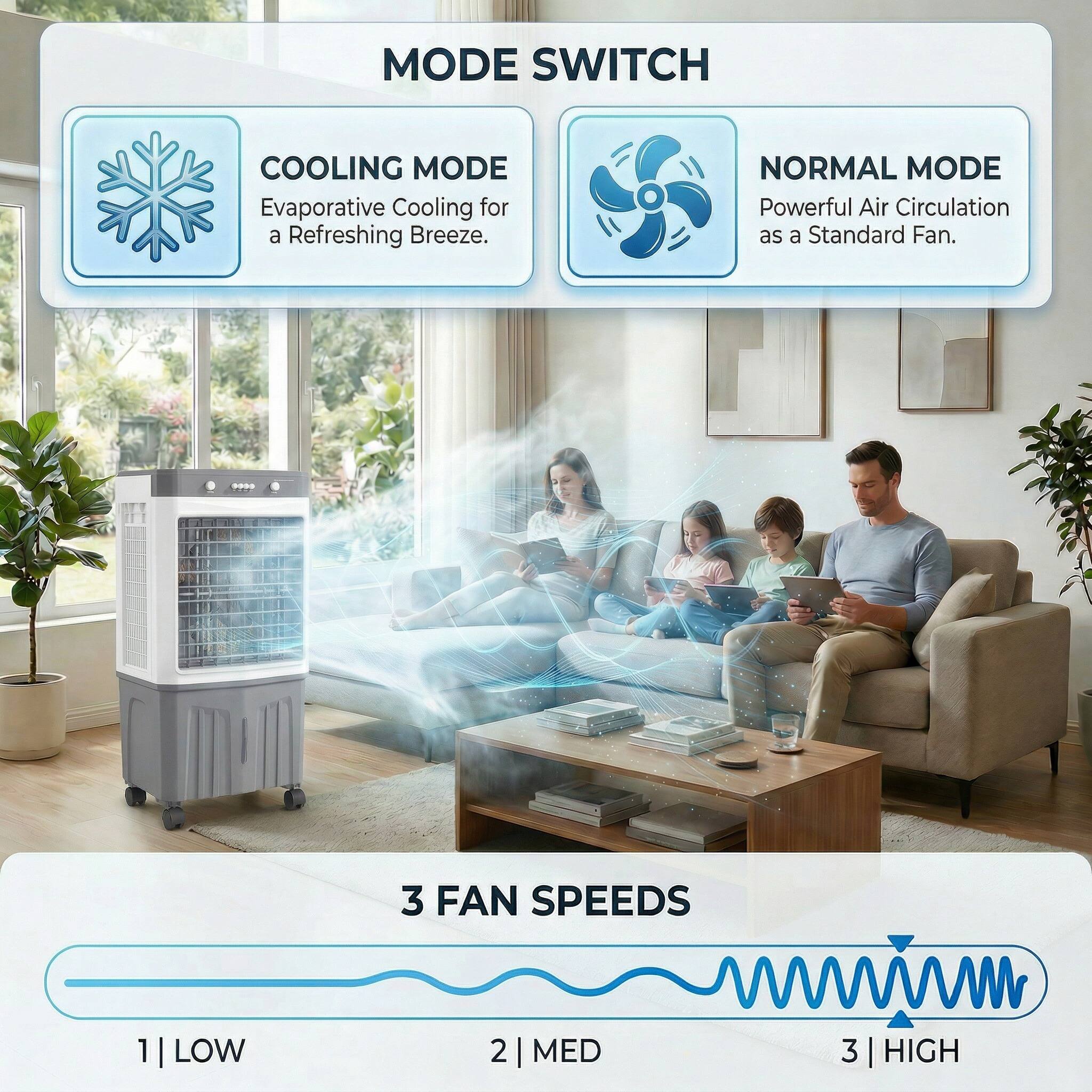MODE SWITCH

COOLING MODE  
Evaporative Cooling for a Refreshing Breeze.

NORMAL MODE  
Powerful Air Circulation as a Standard Fan.

3 FAN SPEEDS  
1 | LOW  
2 | MED  
3 | HIGH