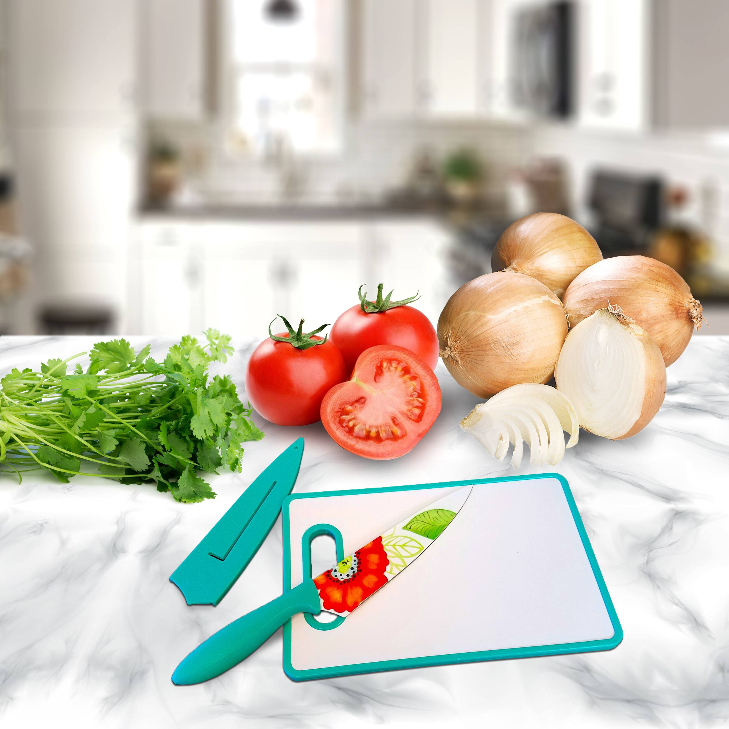 Alt View 1. Studio California - Studio California Jordana 3 Piece Cutlery Knife and Cutting Board Set in Turquoise Floral Pattern - Turquoise Floral.