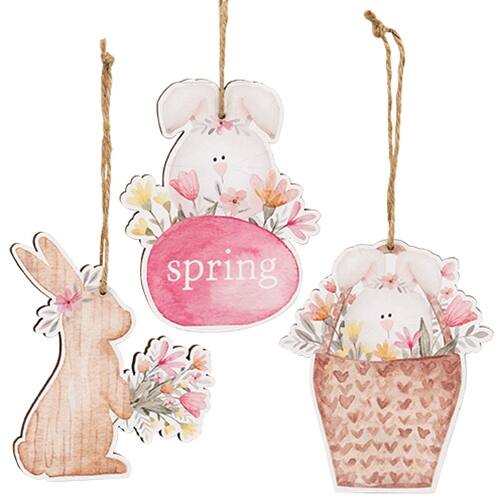 Front. BreeBe - 3/Set - Bunny Basket Wooden Ornaments - Multicolor.