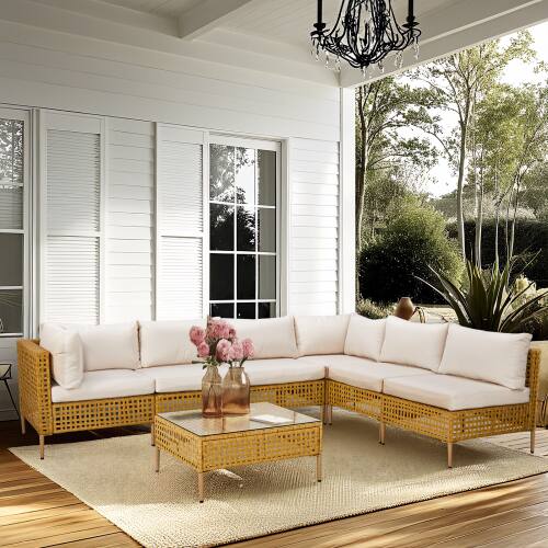 Alt View 10. Winado - 7PCS Patio Wicker Rattan Sectional Furniture Set with Cushions, Coffee Table for Indoor Outdoor Garden Backyard Poolside - Yellow & Beige Cushion.