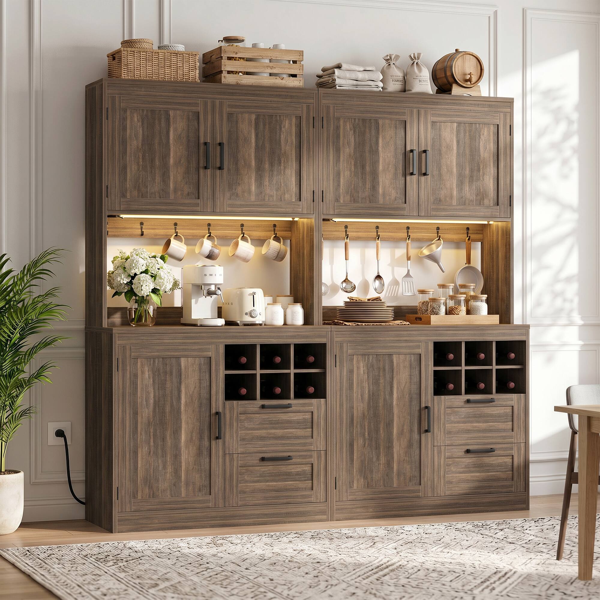 Aheaplus - 72'' Tall Pantry Cabinet with 2 Drawers & Grid Wine Rack, Storage Cabinet with Power Outlets & LED Lights, 2 Piece Set - Retro Brown