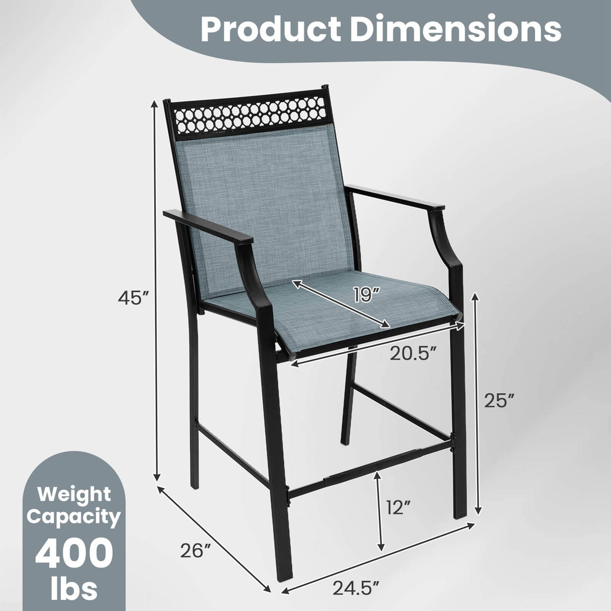 Product Dimensions  
45" x 19" x 20.5" x 25" x 26" x 12" x 24.5"  

Weight Capacity  
400 lbs