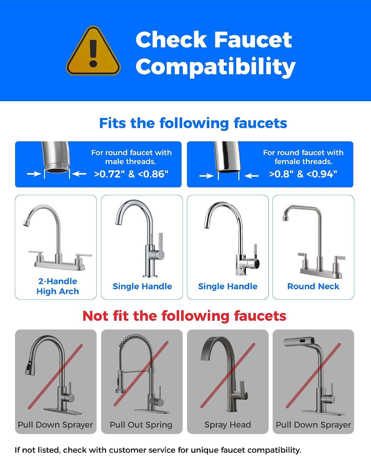 Check Faucet Compatibility

Fits the following faucets
- For round faucet with male threads, >0.72" & <0.86"
- For round faucet with female threads, >0.8" & <0.94"
- 2-Handle Single Handle
- Single Handle Round Neck High Arch

Not fit the following faucets
- Pull Down Sprayer
- Pull Out Spring
- Spray Head
- Pull Down Sprayer

If not listed, check with customer service for unique faucet compatibility.