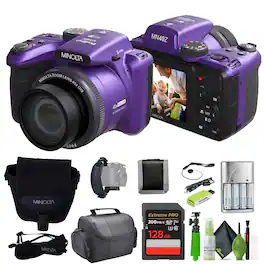 Minolta - 20 Mega Pixels 40x Optical Zoom Digital Camera, 1080p FHD Video Bundle - Purple