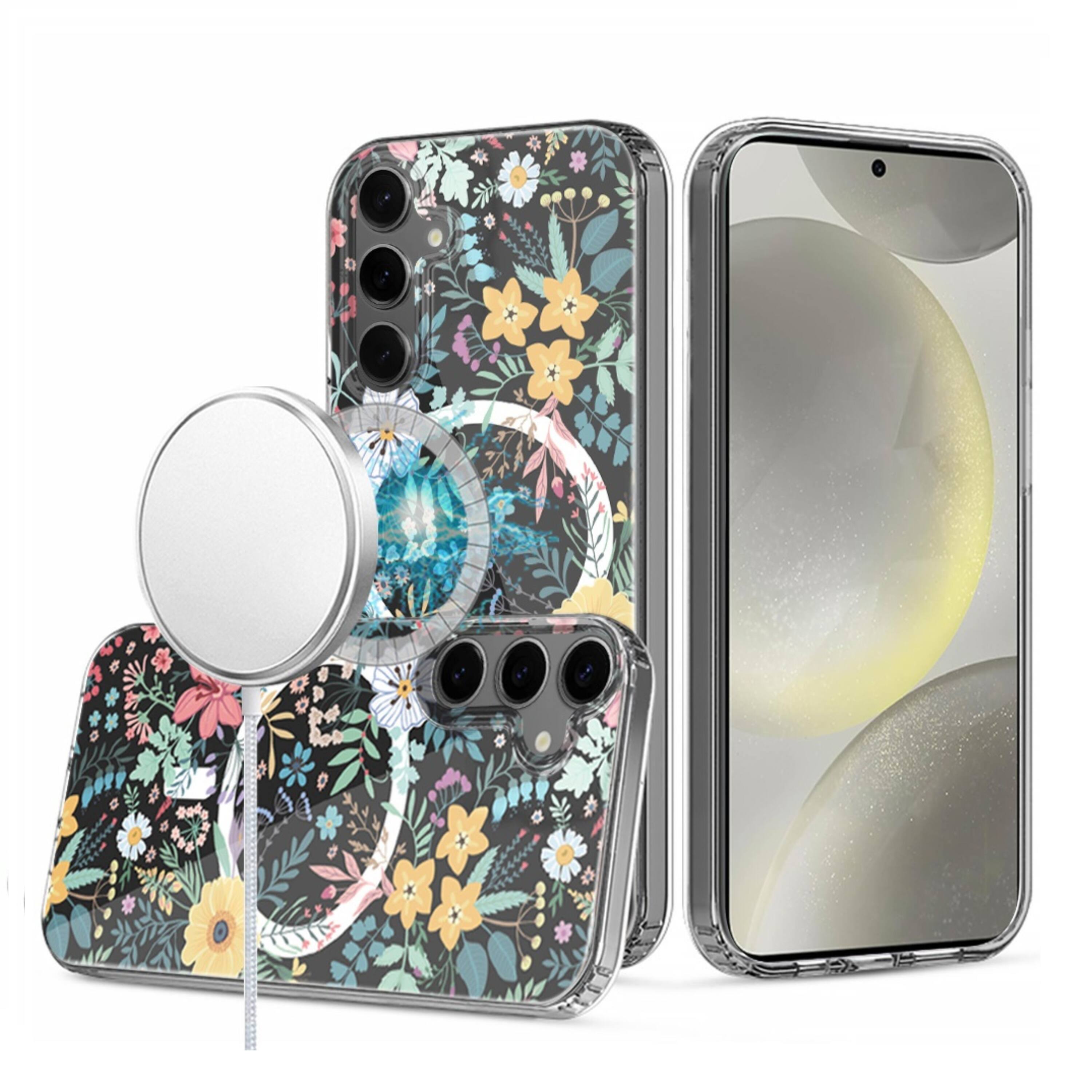 Front. Kitcheniva - Clear Floral Magnetic Circle Hybrid Phone Case With Tempered Glass For Samsung S25 Plus S24 Plus Wild Flower - Yellow.