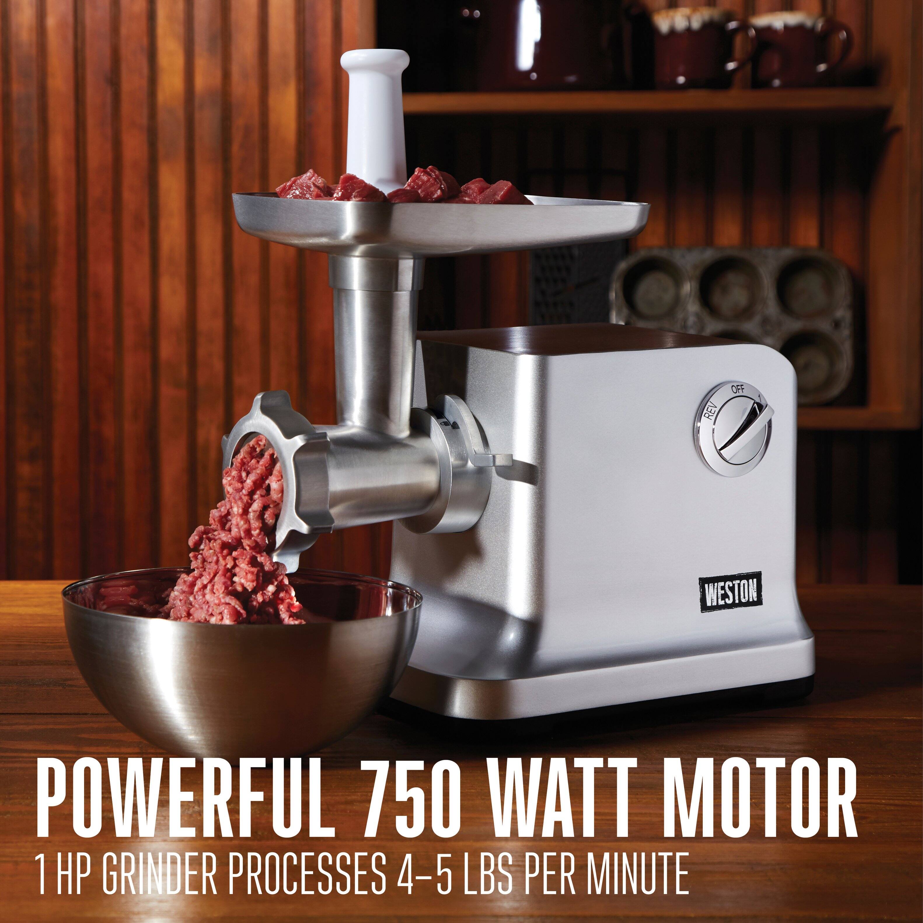 POWERFUL 750 WATT MOTOR  
1 HP GRINDER PROCESSES 4-5 LBS PER MINUTE