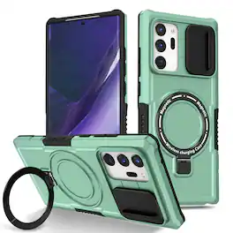 Dteck - Rugged Case for Samsung Galaxy Note20 Ultra 5G with Slide Lens Cover,Shockproof Ring Kickstand Cover,Hard Phone Shell - Lightgreen