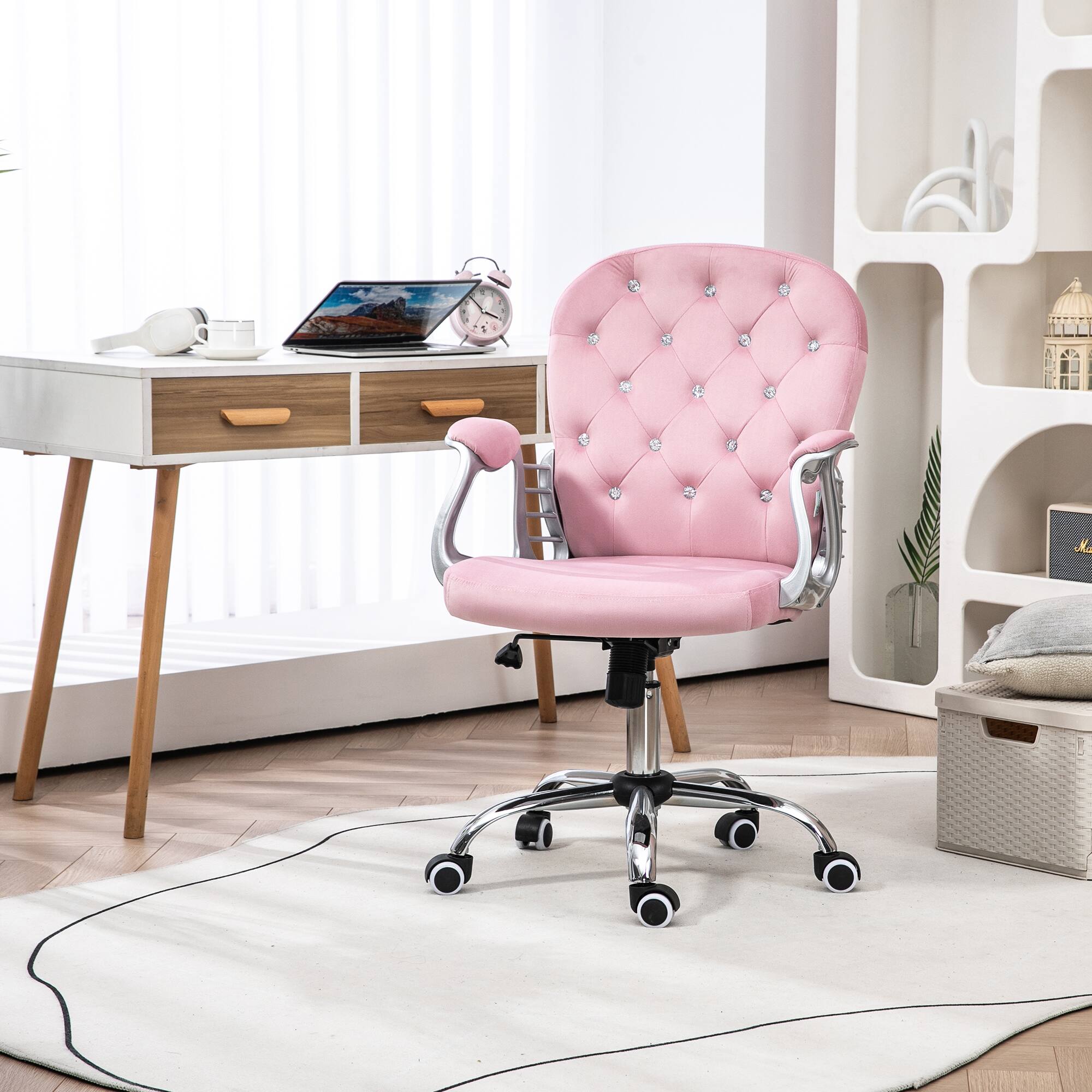Angle. APRILSOUL - Velvet Home Office Chair Button Tufted Desk Chair with Padded Armrests Adjustable Height and Swivel Wheels Pink - Pink.
