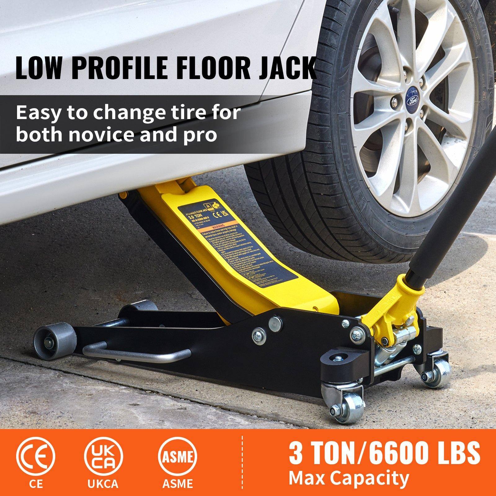 LOW PROFILE FLOOR JACK  
Easy to change tire for both novice and pro  

3 TON/6600 LBS Max Capacity  

CE  
UKCA  
ASME