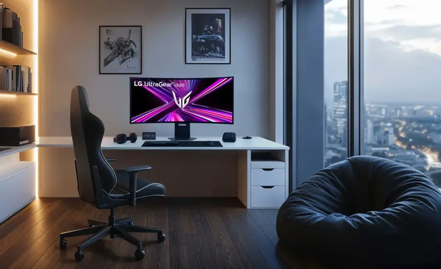 LG UltraGear 27UK850-W monitor is displayed on a desk in front of a window. The desk is equipped with a keyboard and mouse, and there is a chair positioned in front of it. The room also features a couch and a bookshelf, creating a comfortable and functional living space.