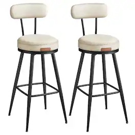 Songmics Home - Bar Stools Set of 2, Swivel Bar Height Bar Stools with Back, Synthetic Leather with Stitching, Mid-Century Modern - Cream