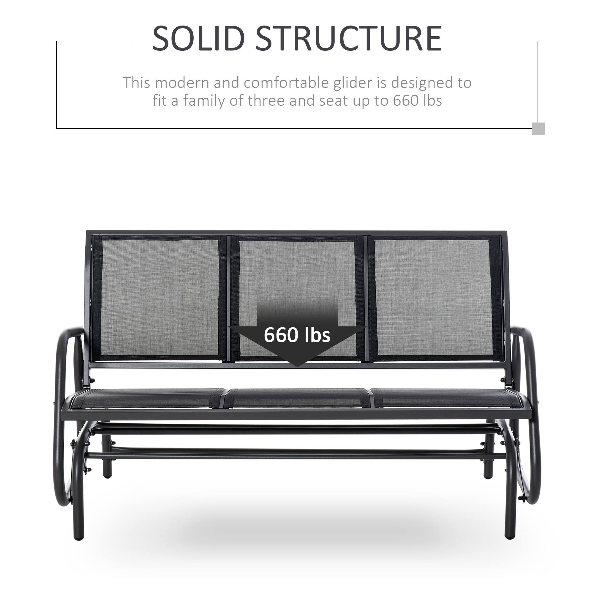 SOLID STRUCTURE
This modern and comfortable glider is designed to fit a family of three and seat up to 660 lbs
660 lbs