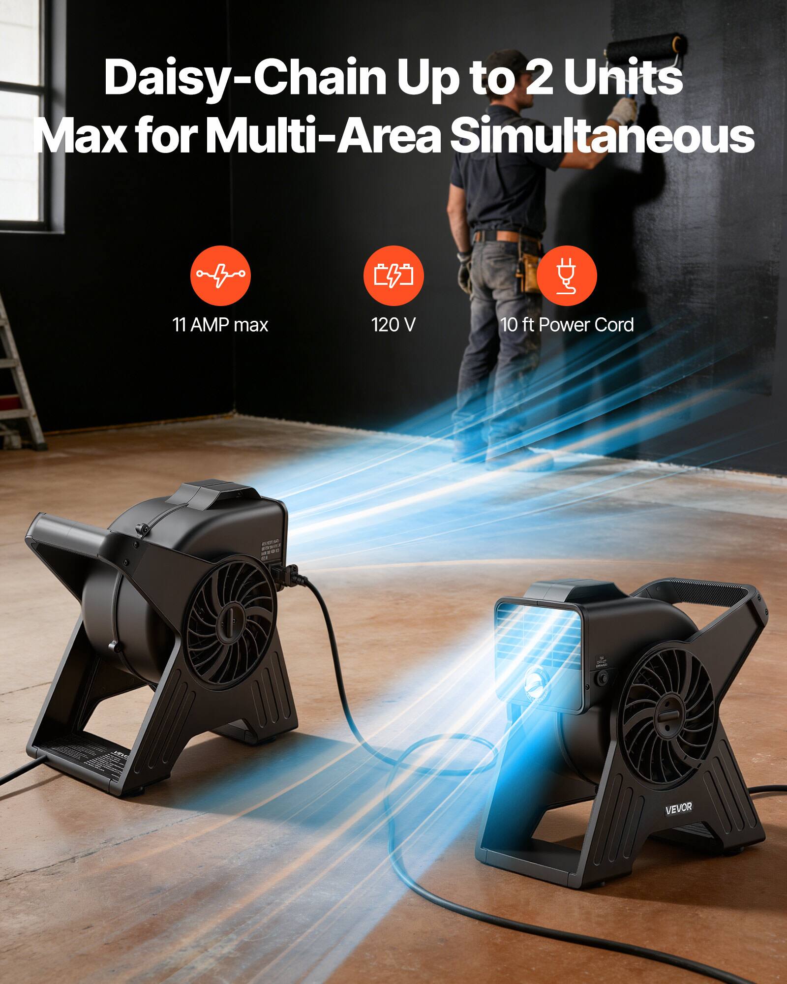 Daisy-Chain Up to 2 Units Max for Multi-Area Simultaneous  
11 AMP max  
120 V  
10 ft Power Cord  
Aouha a - VEVOR