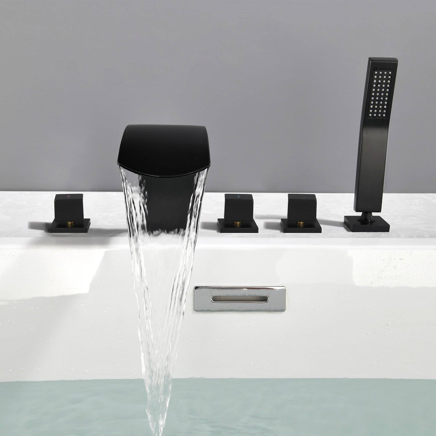 Alt View 2. Boyel Living - Black Cold and Hot Waterfall Flow Handheld Shower Bath Tub Faucet Five Hole Installation Durable Designl - Matte Black.