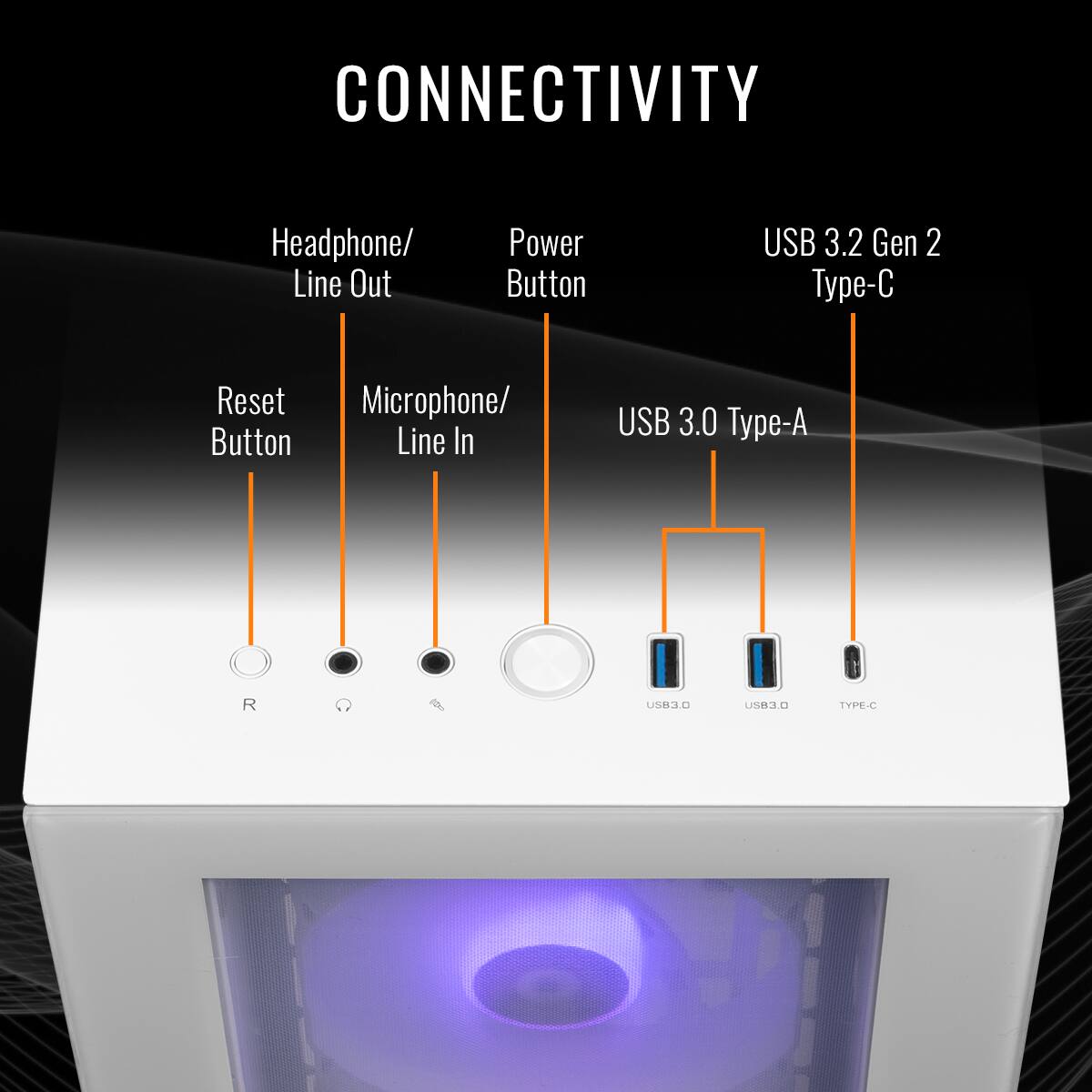 CONNECTIVITY: Headphone/Line Out, Power Button, USB 3.2 Gen 2 Type-C, Reset Button, Microphone/Line In, USB 3.0 Type-A.