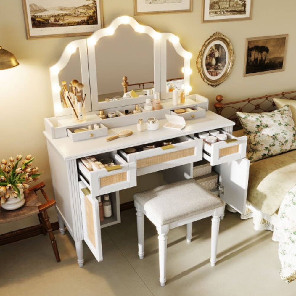 Alt View 2. LUCKY ONE - 44.37" Makeup Vanity Desk w/ 13 Hollywood Bulbs Tri-Fold Mirror 5 Drawers - White.