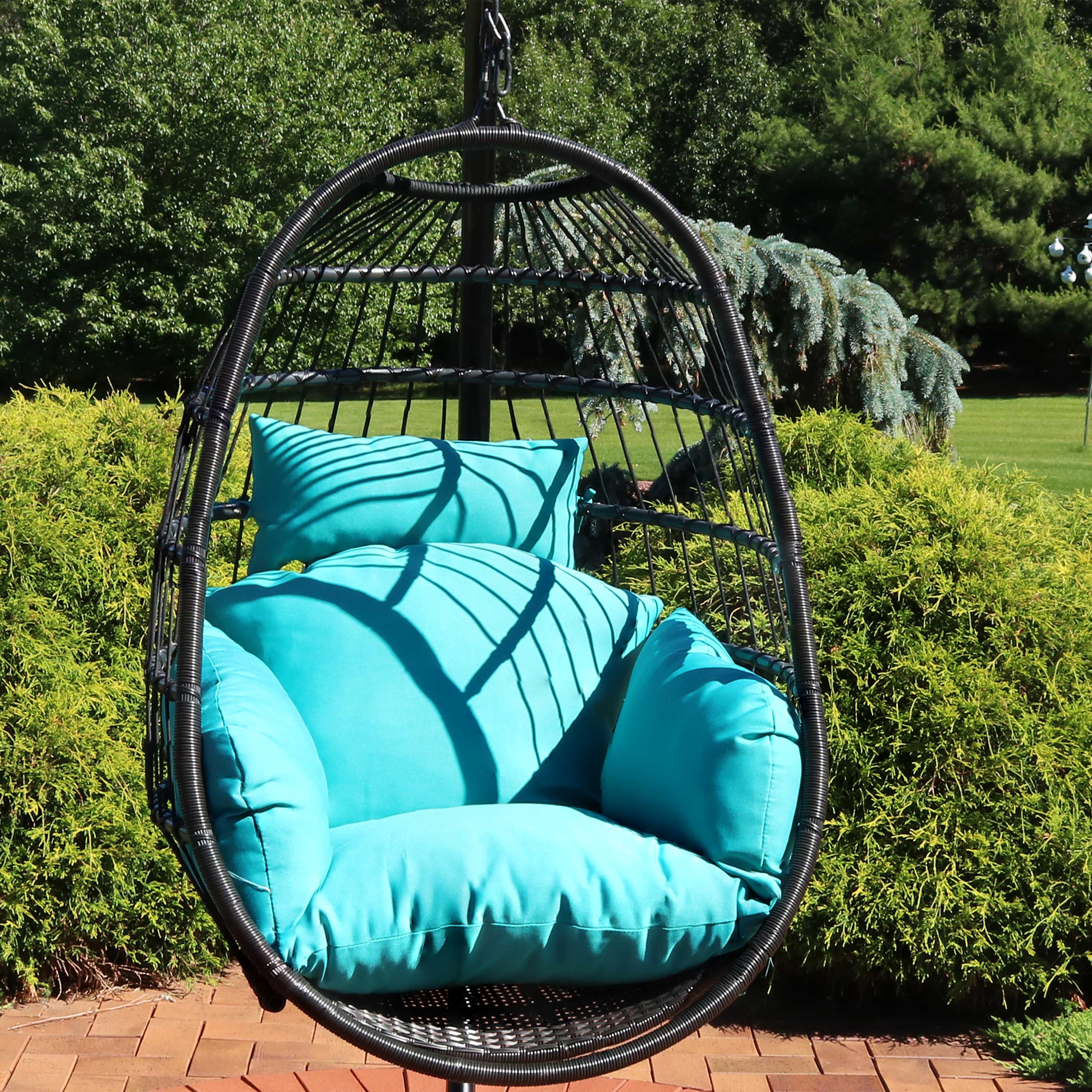 Alt View 3. Sunnydaze - Resin Wicker Hanging Egg Chair with Polyester Cushions - Turquoise Cushions.