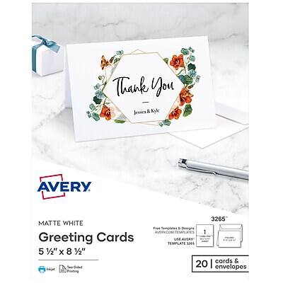 Thank You Jessica & Kyle

AVERY
MATTE WHITE Greeting Cards
5 1/2" x 8 1/2"

3265

Free Templates & Designs
AVERY.COM/TEMPLATES
TEMPLATE 3265

1 Greeting Card
20 Envelopes

Use Avery Template 3265
5 1/2" x 8 1/2" cards & 20 envelopes
Inkjet Printing