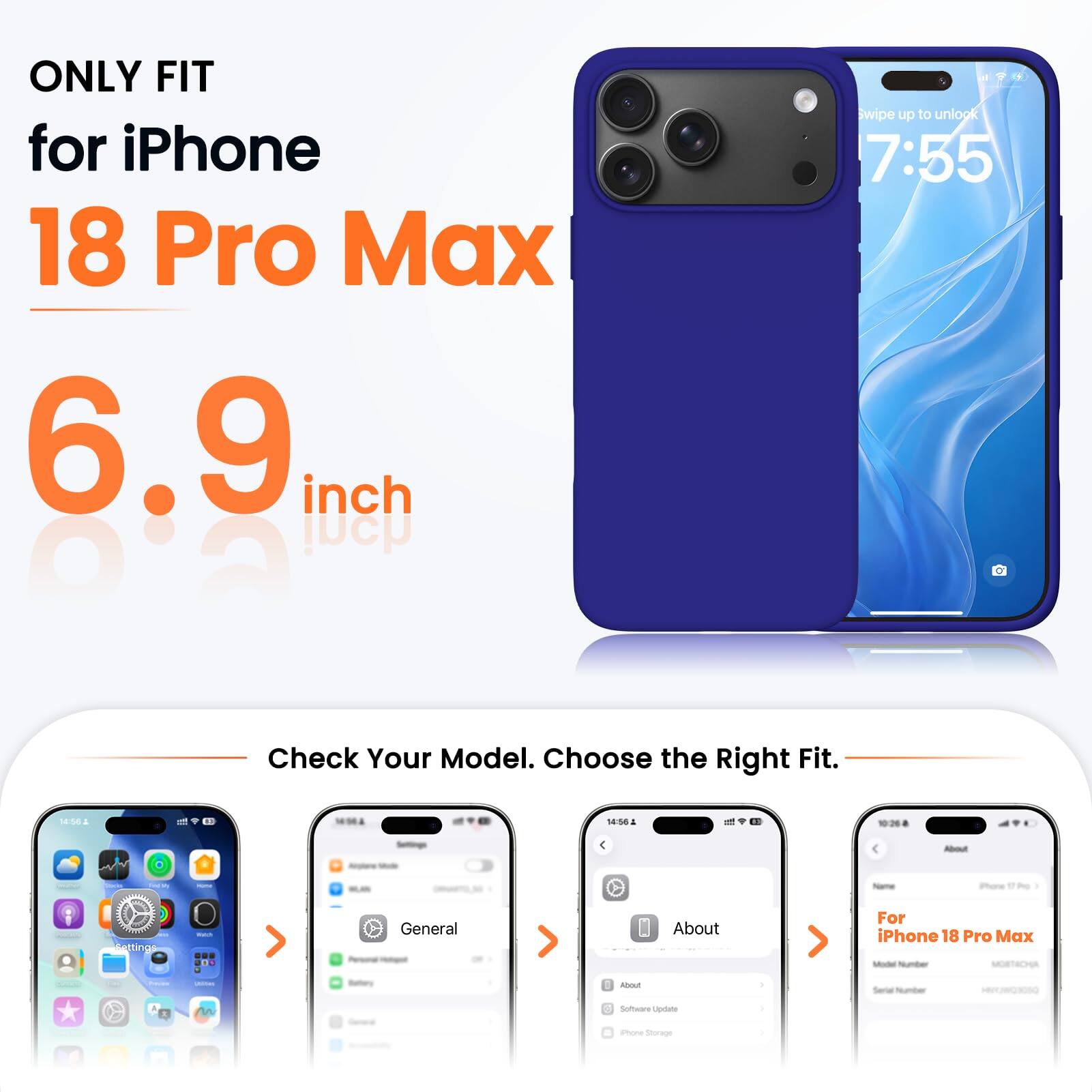 ONLY FIT for iPhone 18 Pro Max 6.9 inch

Swipe up to unlock 7:55

Check Your Model. Choose the Right Fit.

14:56

About

iPhone
Settings
Watch
General
About

For iPhone 18 Pro Max Model Number: MOBTACHA