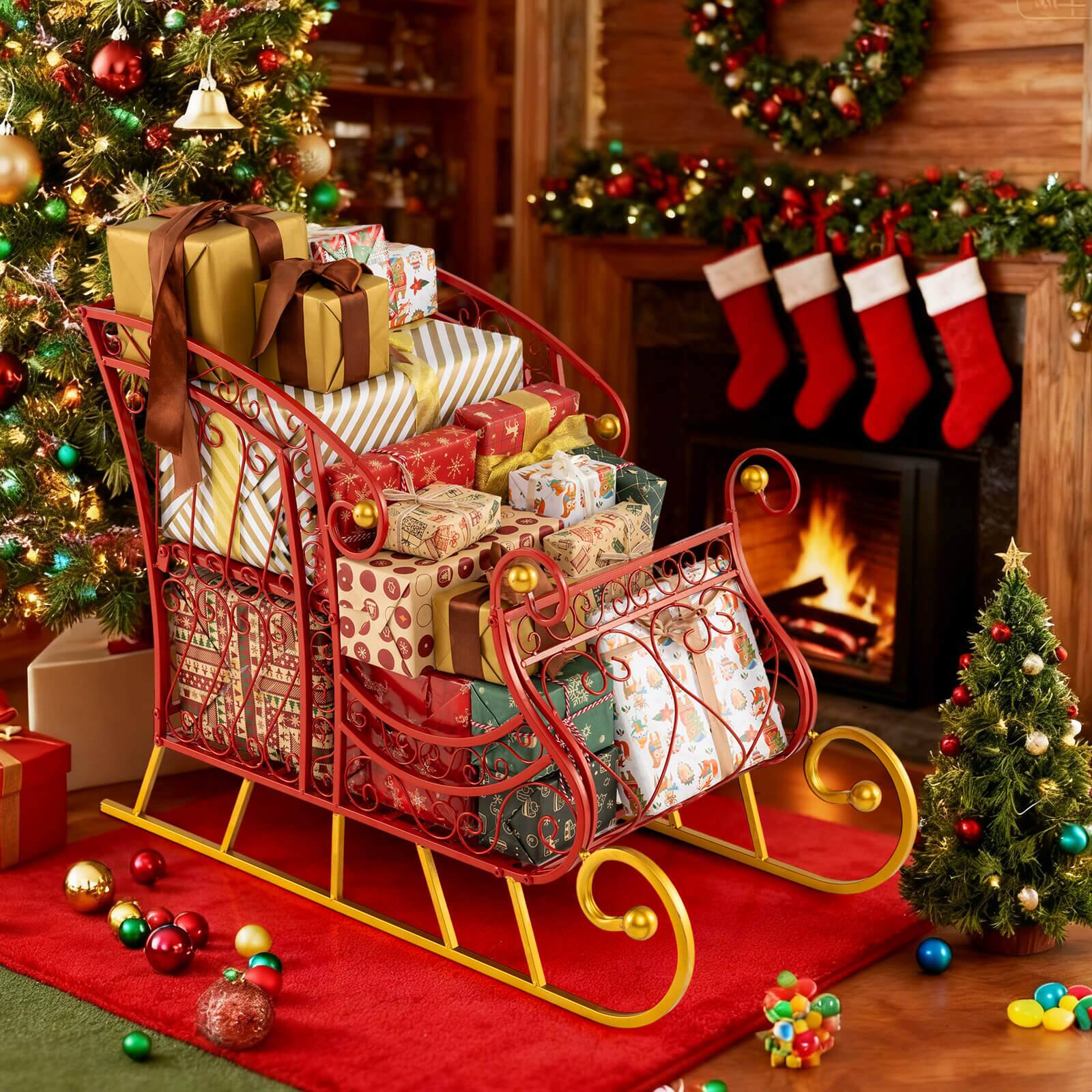 Alt View 1. Costway - Costway Metal Christmas Santa Sleigh Basket Festive Decorative Sleigh Cart Holiday - Multicolor.