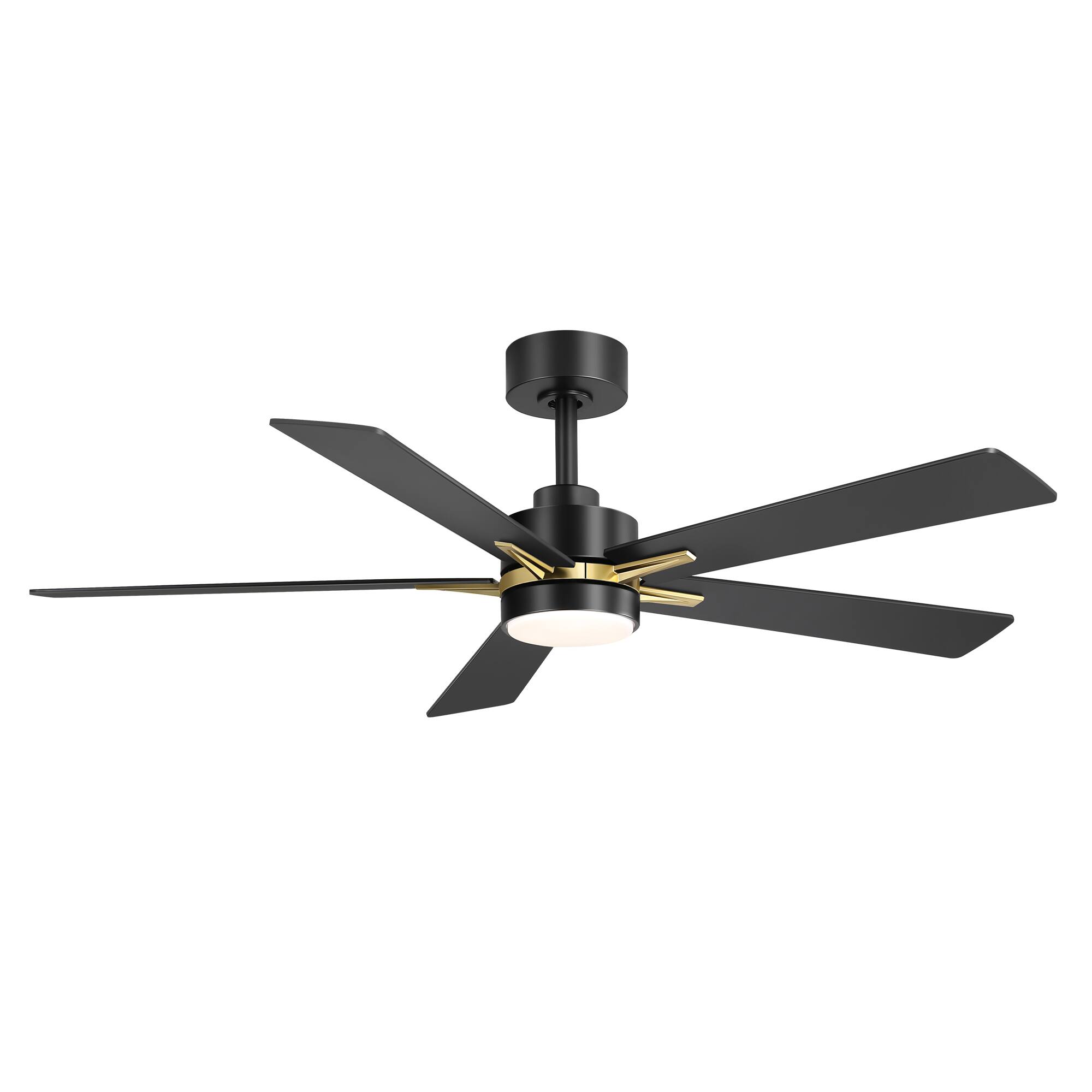 Angle. Breezary - 52-Inch Indoor LED Ceiling Fan with 5 Plywood Blades, DC Motor, 5/10'' Downrods, Remote Control, Reversible, for Bedroom - Gold and Black.