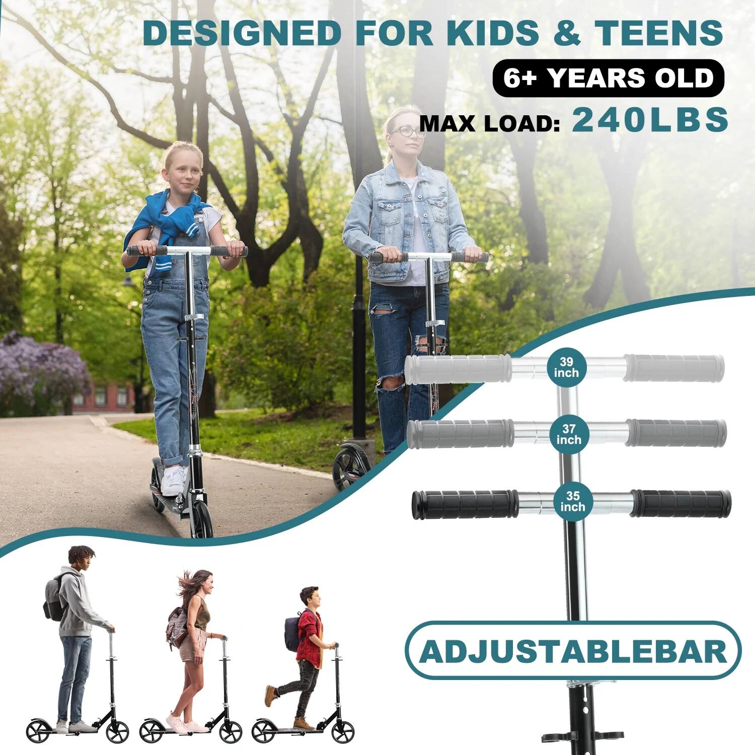 DESIGNED FOR KIDS & TEENS  
6+ YEARS OLD  

MAX LOAD: 240LBS  

ADJUSTABLE BAR  
39 inch  
37 inch  
35 inch