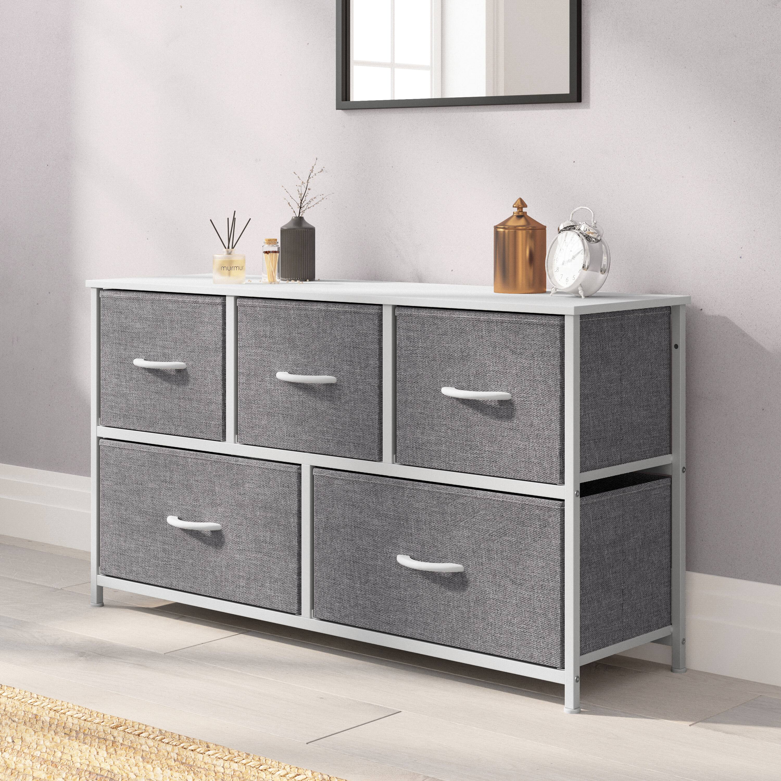 Alt View 1. Emma + Oliver - Marley 5 Drawer Storage Dresser with Cast Iron Frame, Wood Top and Easy Pull Fabric Drawers with Wooden Handles - Gray Drawers/White Frame.