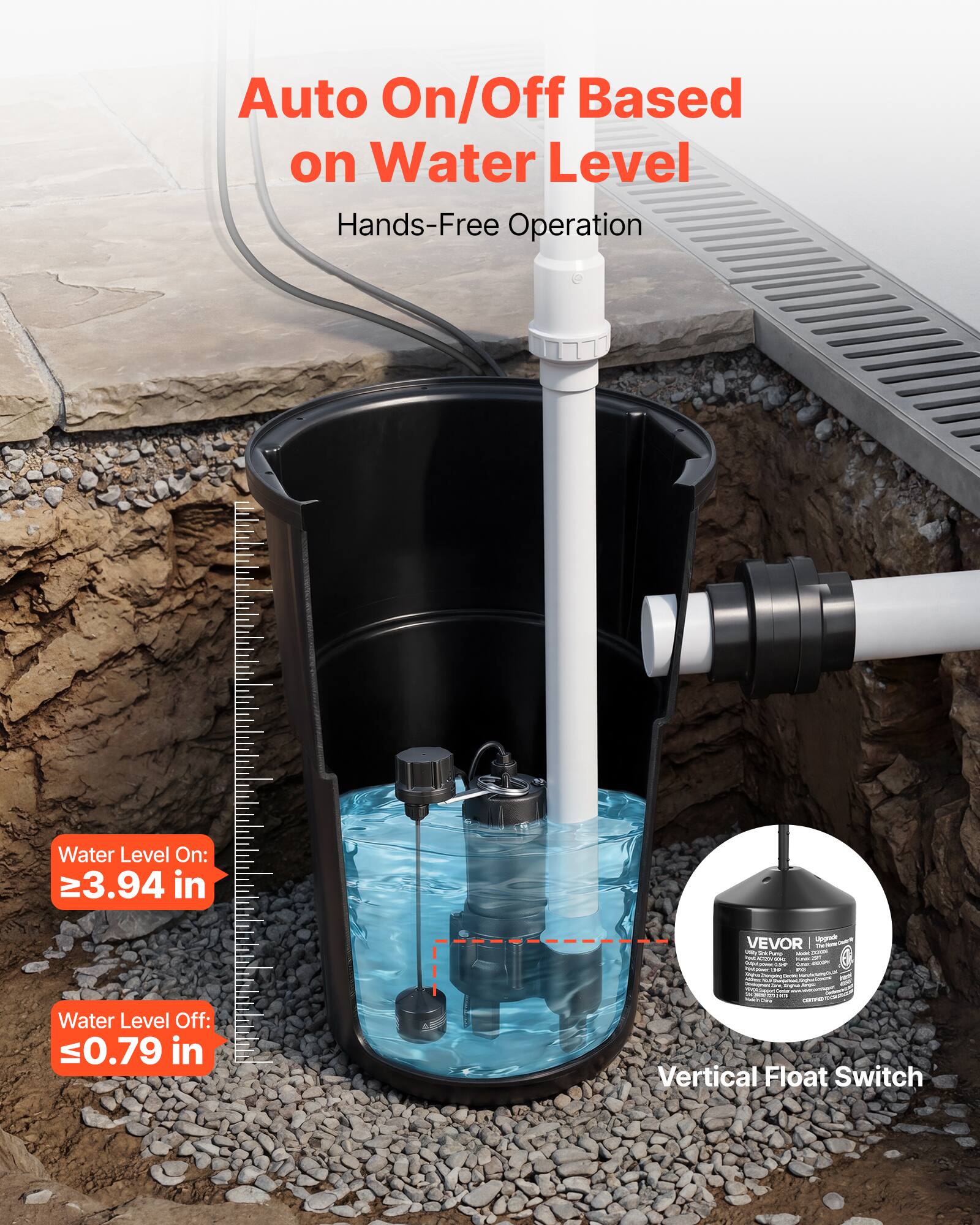 Auto On/Off Based on Water Level Hands-Free Operation

Water Level On: ≥3.94 in
Water Level Off: ≤0.79 in

VEVOR Upgrade Detection The MY kkilyng JAME M APPY VINS KAK TWT Comments COMP - - - or oz Typos Memessium . - Face maymes agnational COM - THE Original  KUA a - - - RUS  ... - - CONTRAL Vertical Float Switch