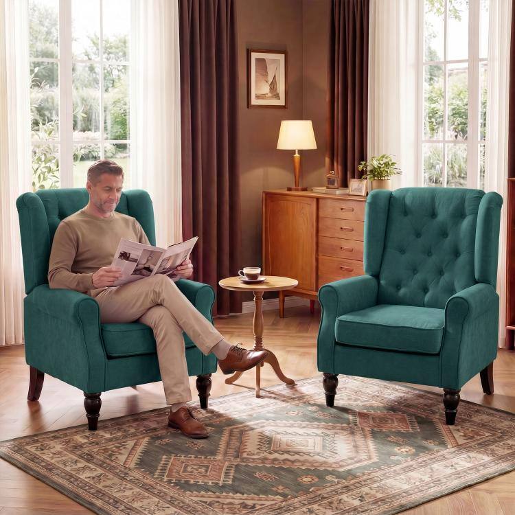 Alt View 9. PULUZ - Wingback Accent Chair for Living Room, Button-Tufted Lounge Chair with Round Armrests and Wood Legs - Dark Green.
