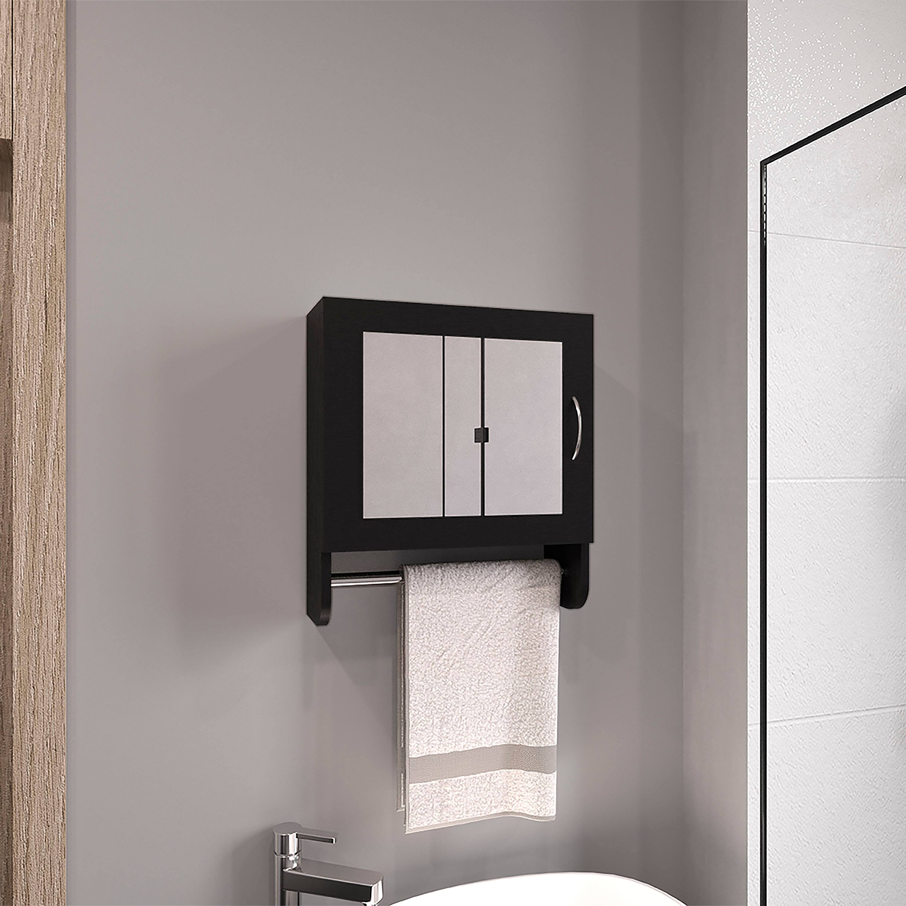 Angle. TuHome - Botiq Mirror Medicine Cabinet With Towel Rack Black, One Door With Two Interior Shelves For Bathroom - Black Wengue.