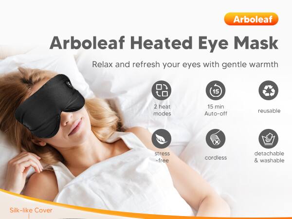 Arboleaf Heated Eye Mask, Relax and refresh your eyes with gentle warmth, 2 heat modes, 15 min Auto-off, reusable, stress-free, cordless, detachable & washable, Silk-like Cover.