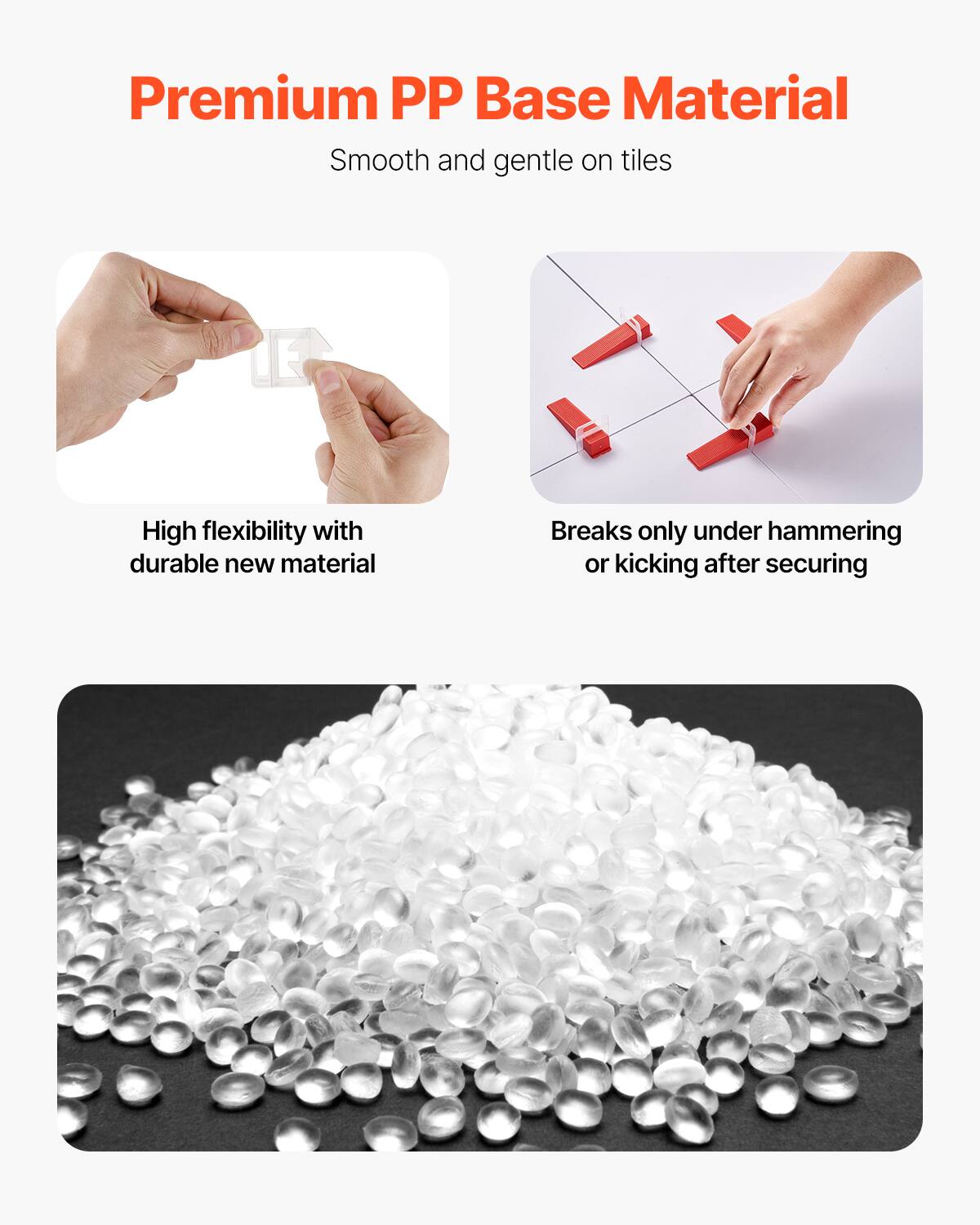 Premium PP Base Material  
Smooth and gentle on tiles  

High flexibility with durable new material  

Breaks only under hammering or kicking after securing