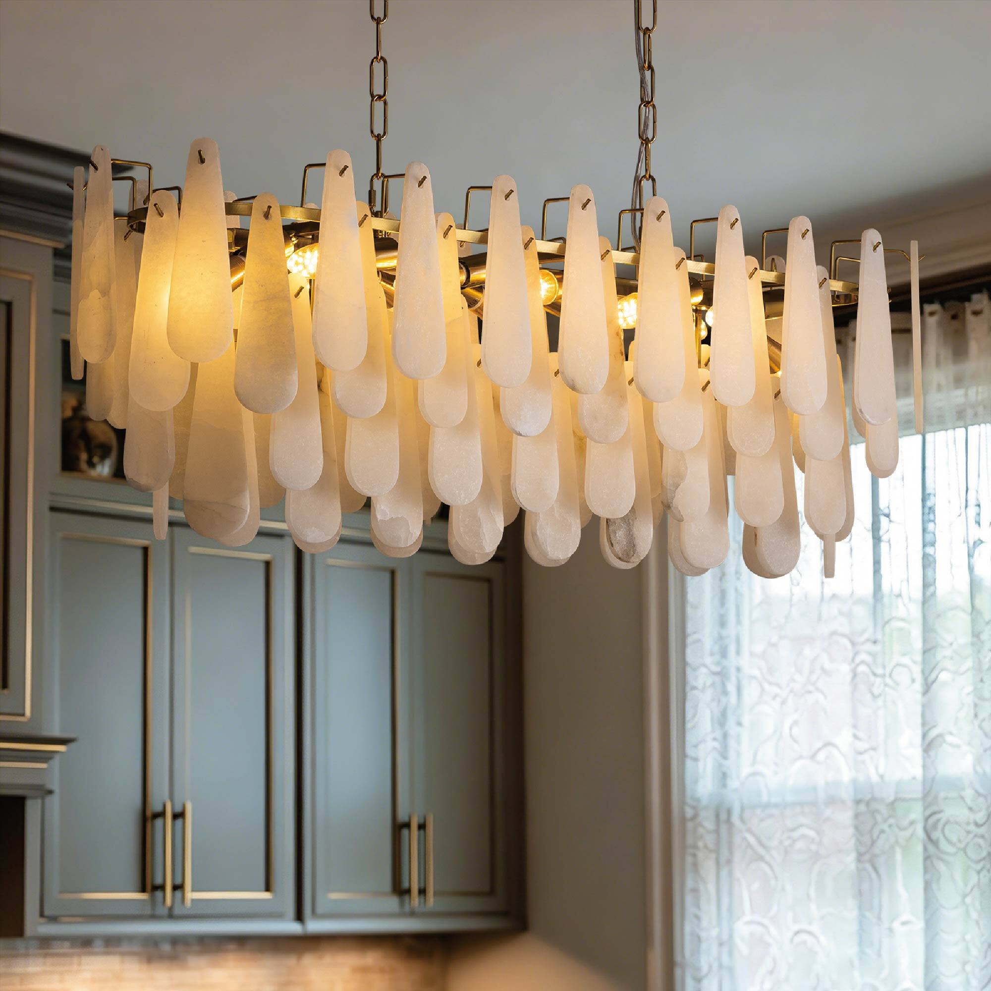 Alt View 7. Siljoy - 40-in Brass Rectangular Alabaster Chandelier 10 E12 Lights Adjustable Chain for Kitchen Island Dining Room - Brass.