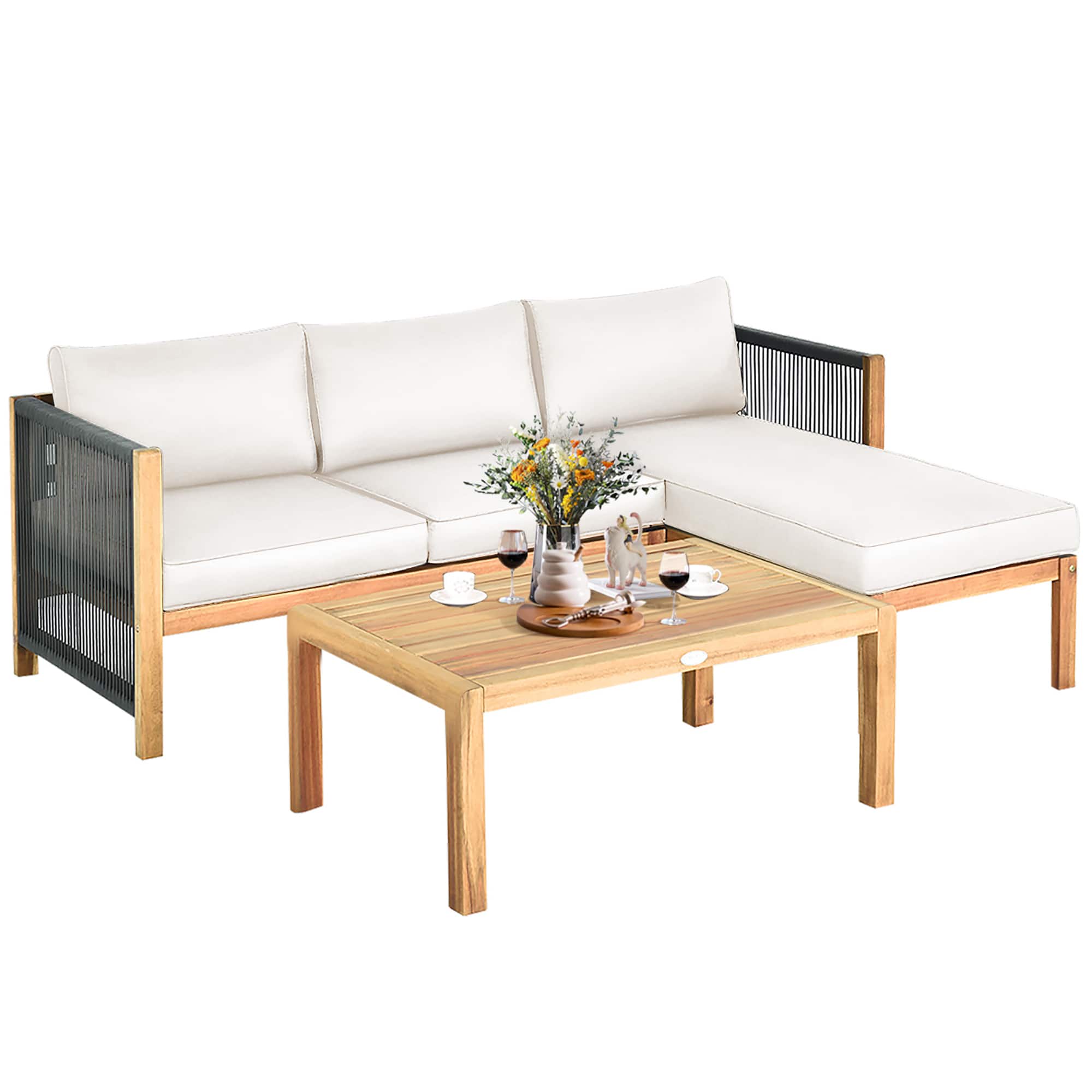 Costway - 3PCS Patio Acacia Wood Sofa Furniture Set Thick Cushion W/Nylon Rope Armrest - White