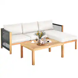 Costway - 3PCS Patio Acacia Wood Sofa Furniture Set Thick Cushion W/Nylon Rope Armrest - White