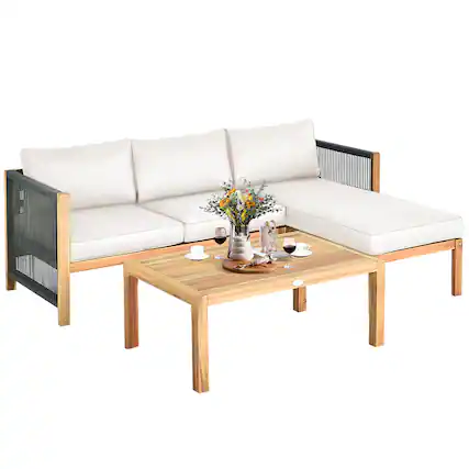 Front. Costway - Costway 3PCS Patio Acacia Wood Sofa Furniture Set Thick Cushion W/Nylon Rope Armrest - White.