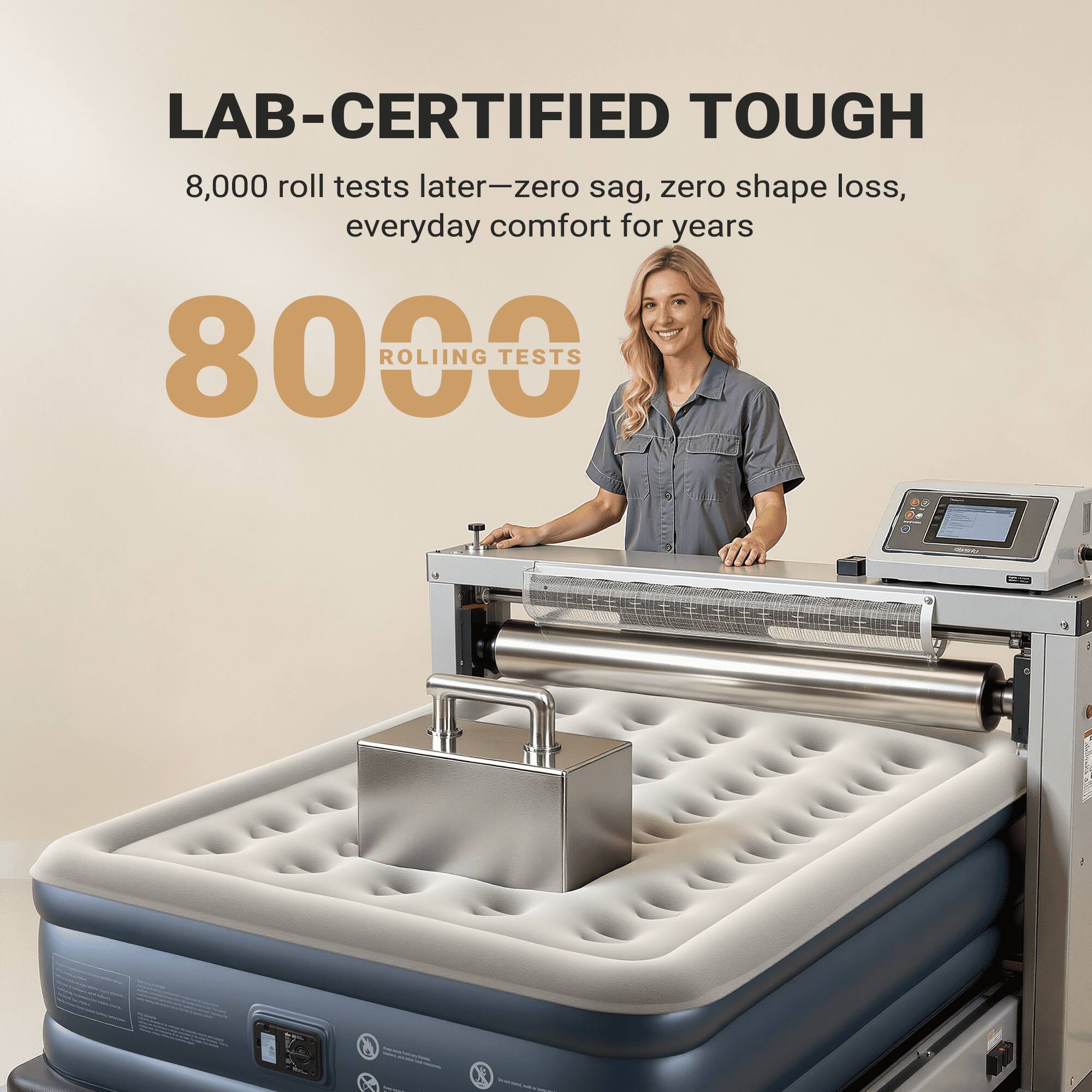 LAB-CERTIFIED TOUGH  
8,000 roll tests later—zero sag, zero shape loss, everyday comfort for years  
8000 ROLLING TESTS