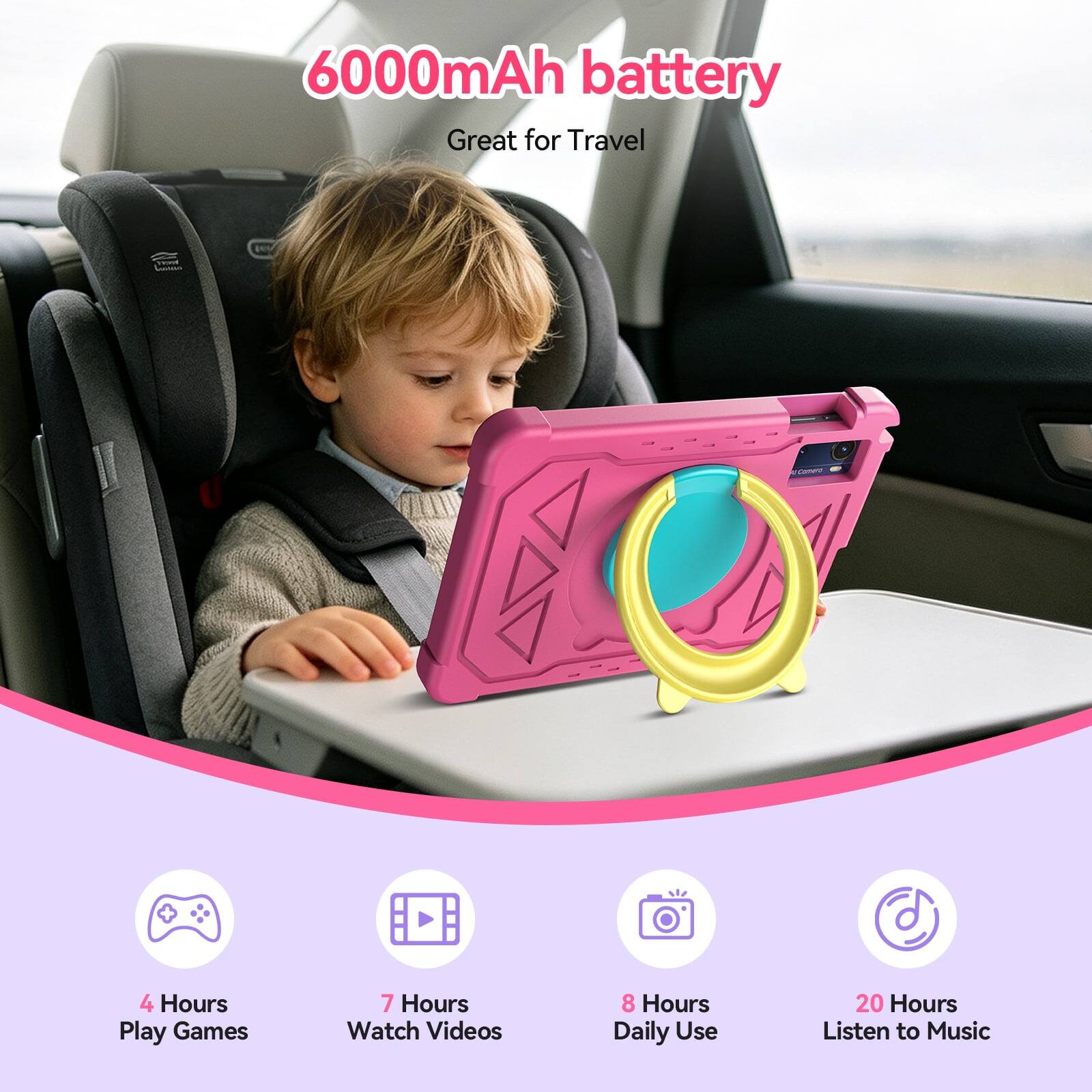6000mAh battery  
Great for Travel  

4 Hours Play Games  
7 Hours Watch Videos  
8 Hours Daily Use  
20 Hours Listen to Music