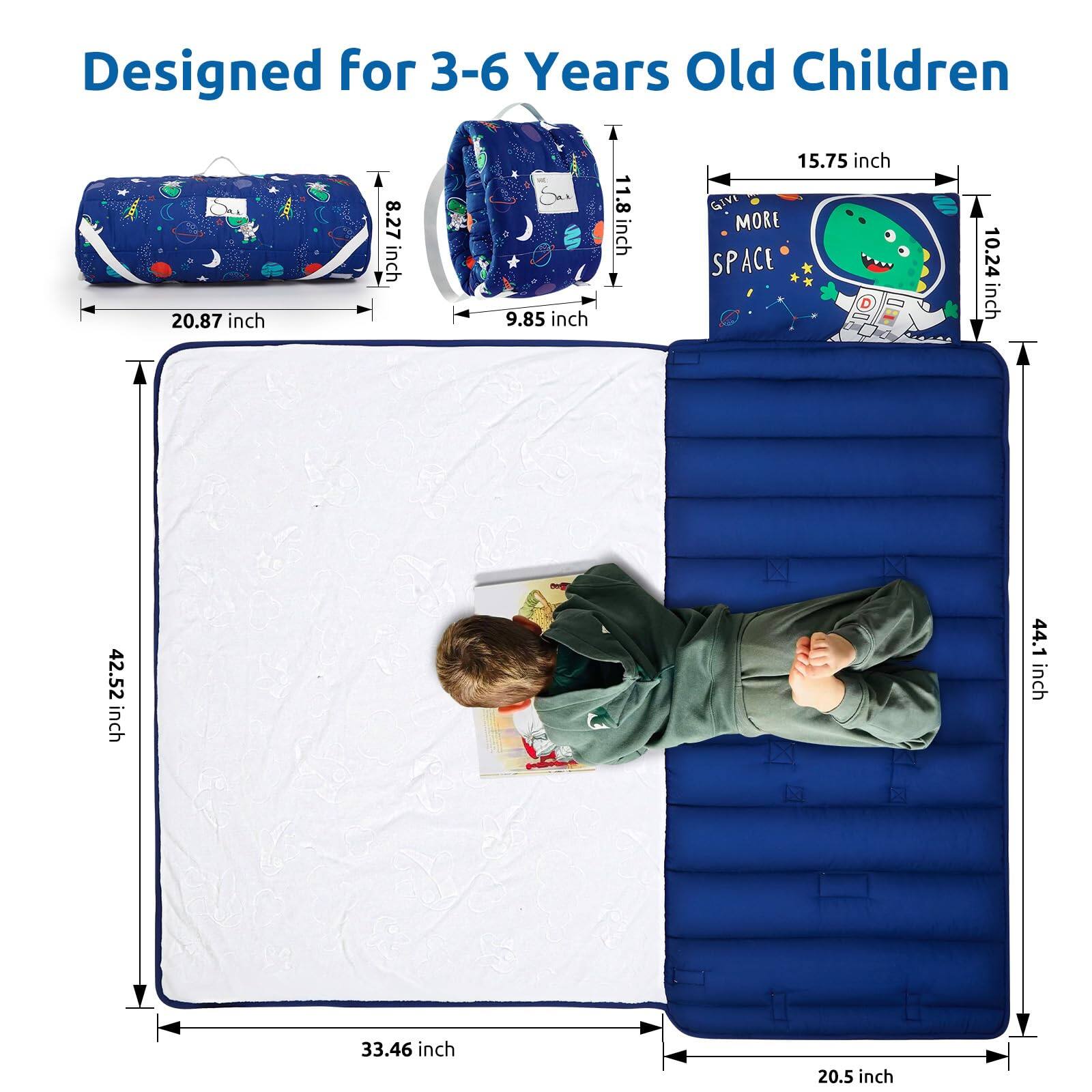 Designed for 3-6 Years Old Children

- Pillow: 20.87 inch x 8.27 inch
- Pillow: 9.85 inch x 11.8 inch
- Mattress: 33.46 inch x 42.52 inch
- Mattress: 20.5 inch x 44.1 inch
- Mattress: 10.24 inch x 15.75 inch
- Mattress: 44.1 inch