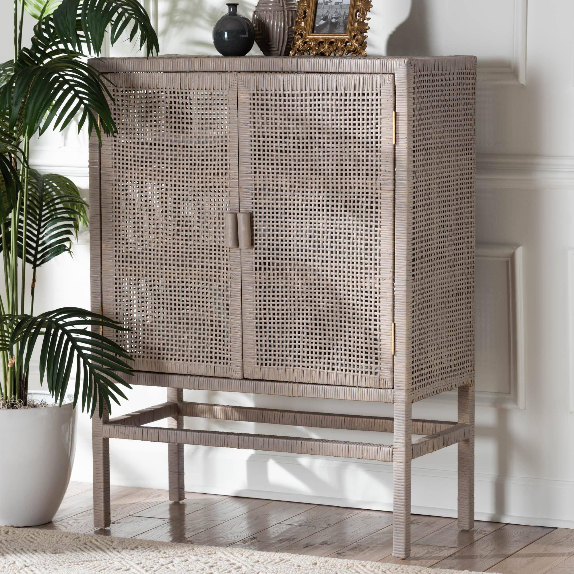 Alt View 5. bali & pari - Vivan Natural Rattan Storage Cabinet - 3-Tier Handwoven Wicker Accent Cabinet with Double Doors and Elevated Base - French Grey.