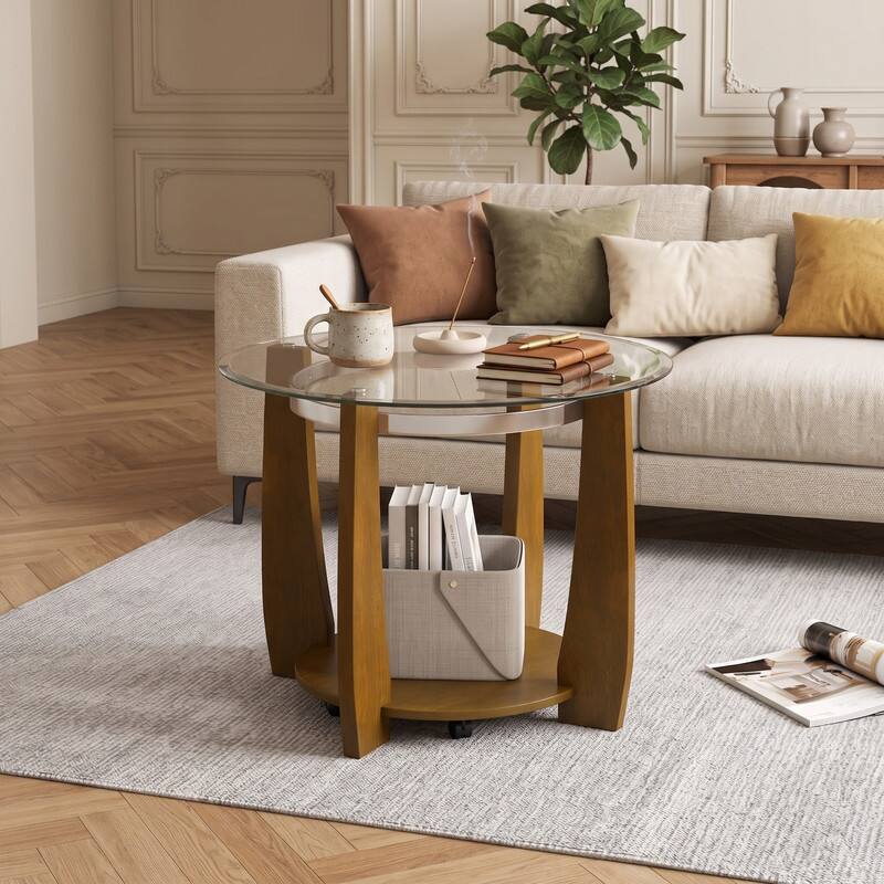 Angle. WELLFOR - Modern 2-Tier Glass Round Coffee Table with Storage Shelf, 32" Center Table with Rolling Wheels for Small Spaces - Walnut.