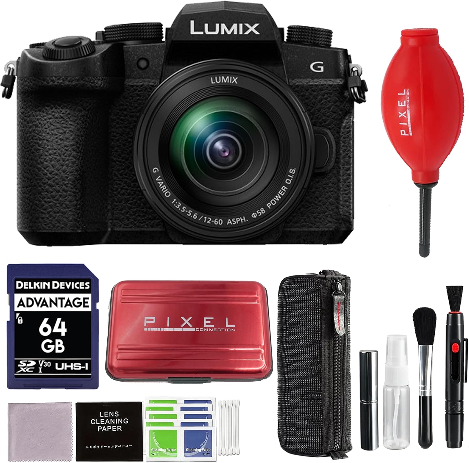 LUMIX LUMIX G O.I.S. VARIO POWER 1:3.5-5.6 6 / 12-60 ASPH. 58 G PIXEL X DELKIN DEVICES ADVANTAGE 64 GB SP V30 UHS-I XC I PIXEL CONNECTION LENS CLEANING PAPER deallg wipe CleaningWipe