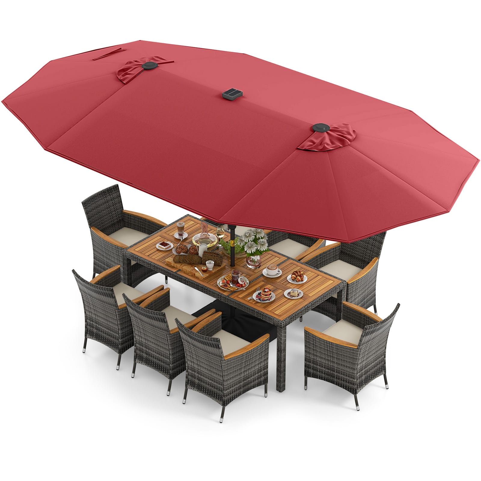 Costway - 11 PCS Patio Dining Set with 15 ft Double-Sided Patio Umbrella 8 Armchairs - Mix Gray,Beige,Wine