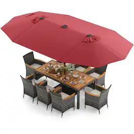 Costway - 11 PCS Patio Dining Set with 15 ft Double-Sided Patio Umbrella 8 Armchairs - Mix Gray,Beige,Wine