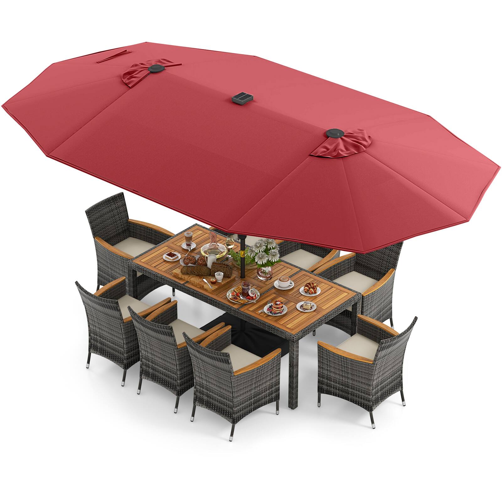 Front. Costway - 11 PCS Patio Dining Set with 15 ft Double-Sided Patio Umbrella 8 Armchairs - Mix Gray,Beige,Wine.