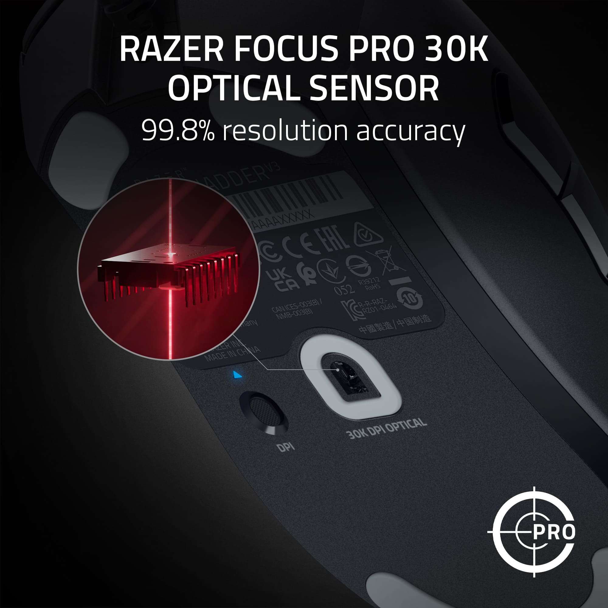 RAZER FOCUS PRO 30K OPTICAL SENSOR 99.8% resolution accuracy ADDER AAAAXXXXX CEEAL C UK CA P R39212 Rok 052 ICES-00308/ R-R R-RAZ- 10 CAN NMB-00308) R201-0454 any CER MADE 30K OPTICAL PRO